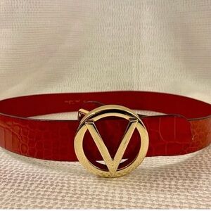 Valentino Red Croc-Embossed Belt with Gold V-Buckle